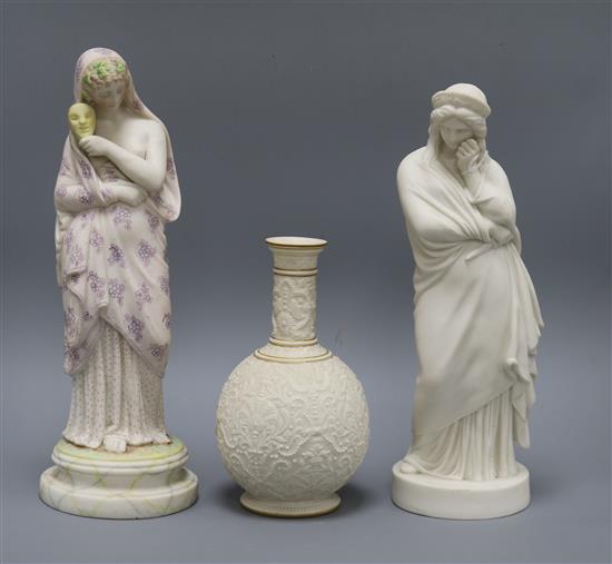 Two items of parian ware and a bisque figure, tallest 35cm